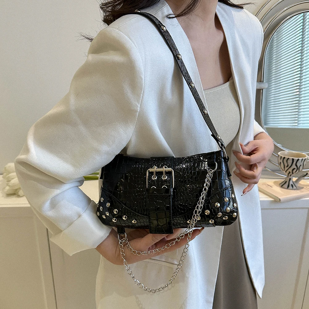 Y2K Vintage Gothic Cool Shoulder Underarm Tote Bag Ladies Sling Bags Leather Rock Girls Zip Purses Casual Bagutte Women Handbags