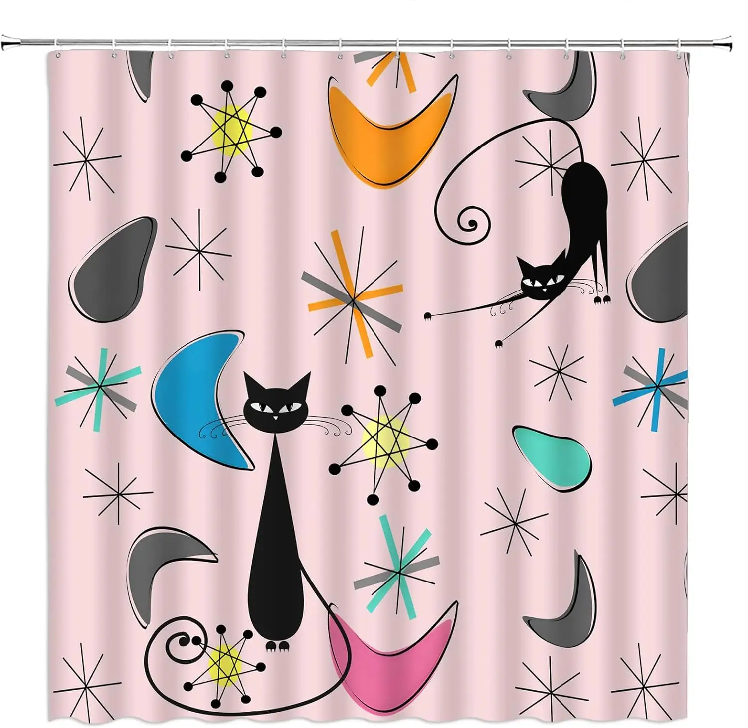 Mid Century Atomic Cat Shower Curtain Pink Gray Blue Modern Abstract Geometric Black Cat Retro 50S Fabric Bathroom Decor Curtain
