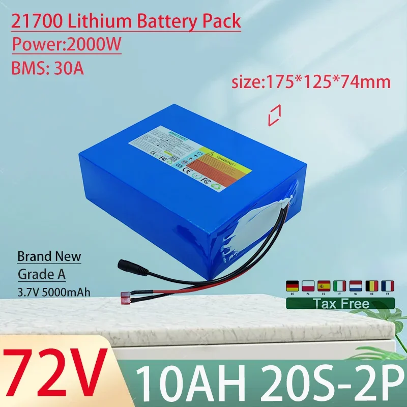 72V 10Ah 21700 20S2P Lithium Ion Battery Pack 2000W Power Tool Batteries Outdoor Backup Batteries With 30A BMS+84V 3A charger