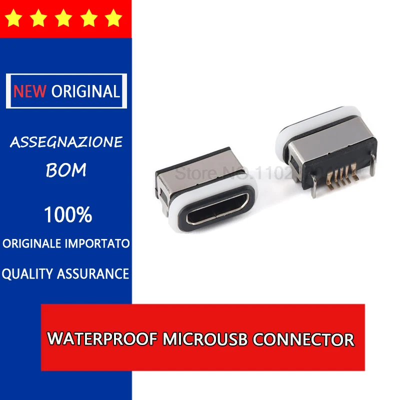 20PCS/LOT Waterproof MicroUSB 5pin upper type female stainless steel shell 4-pin plug-in board diving waterproof IPX8