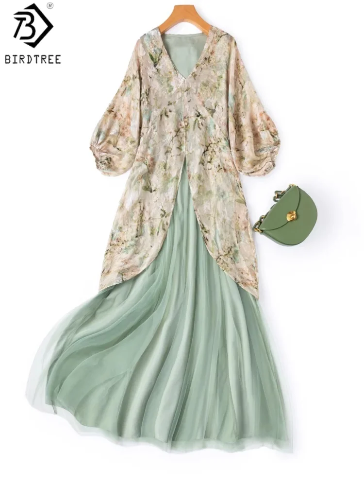 BirdTree, 62.6% Real Silk Velvet Chiffon Dress, Women Elegant Double-layer Dresses, Batwing Sleeve V-neck, 2026 New D63134JF
