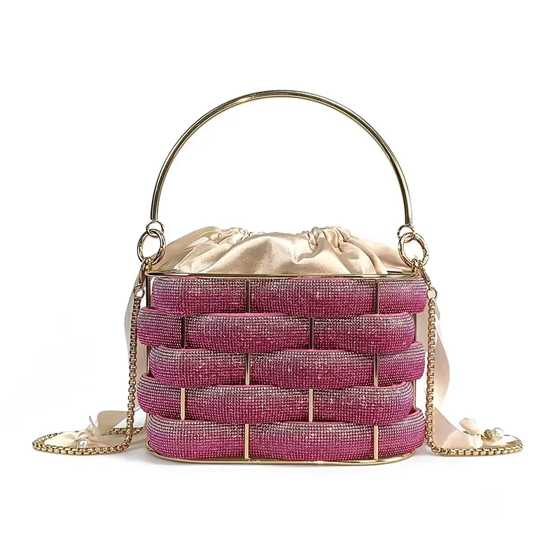 Women's Acrylic Bucket Bag 2026 New Model Cross-Border Handbag Birdcage Woven Basket with Rhinestones Hard Dinner Bag