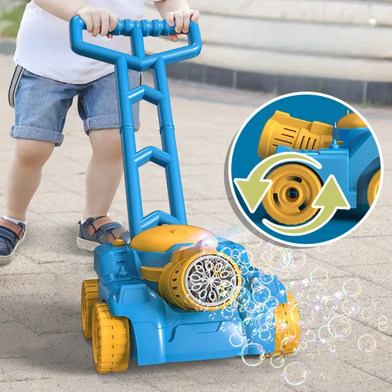 Carrello per macchine per bolle Carrello per tosaerba Auto elettrica automatica per bolle di sapone Auto Giochi estivi per feste all'aperto Giocattoli per bambini
