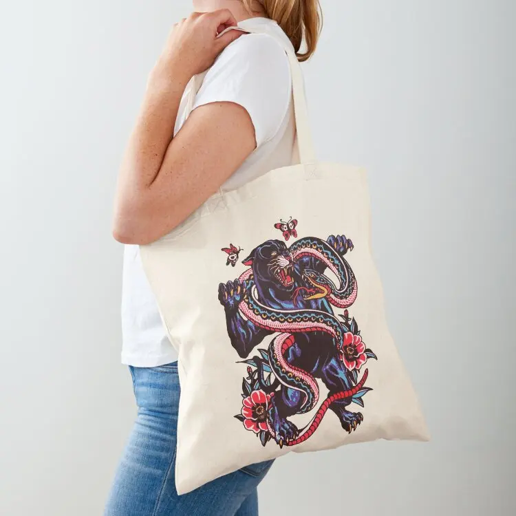 Traditional Black Panther Fighting Snake Tattoo Tote Bag tote bag canvas Shopper handbag women bag