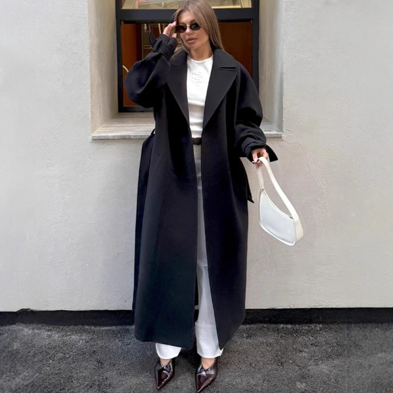 

TARUXY Long Lace-Up Woolen Coat Women's Fashion Loose Long-Sleeved Pocket High Street Jacket Autumn Winter Casual Commuter Coat