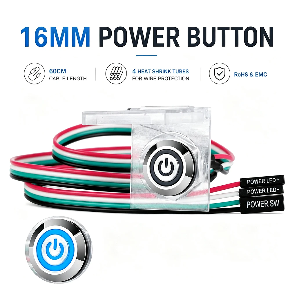 16mm Chassis Switch Metal Start/Reset Push Button Switch Blue LED 60cm Cable For Desktop PC Case ATX Motherboard Computer DIY