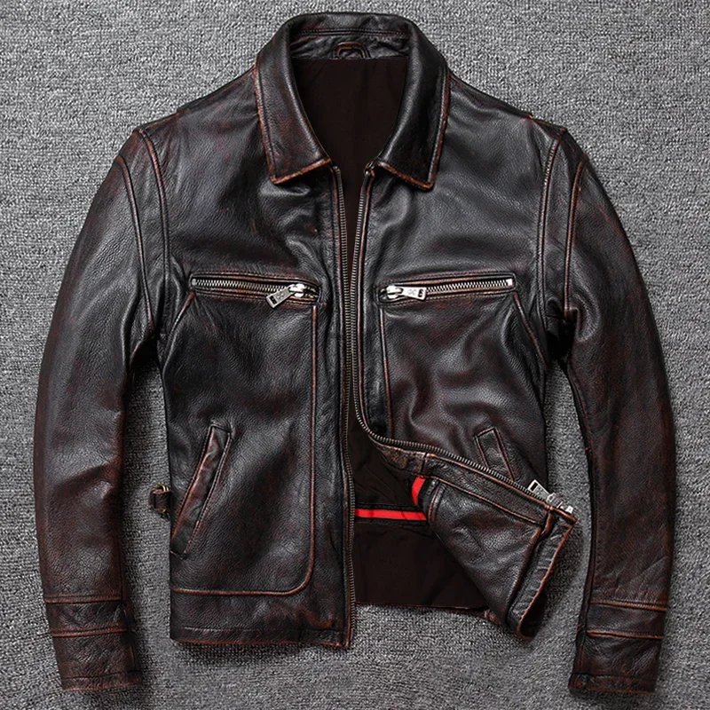 

Classic Men Cowhide Coat Natural Men's Genuine Leather Jacket Vintage Style Real Leather Clothes Men Clothing Calf Skin Clothes