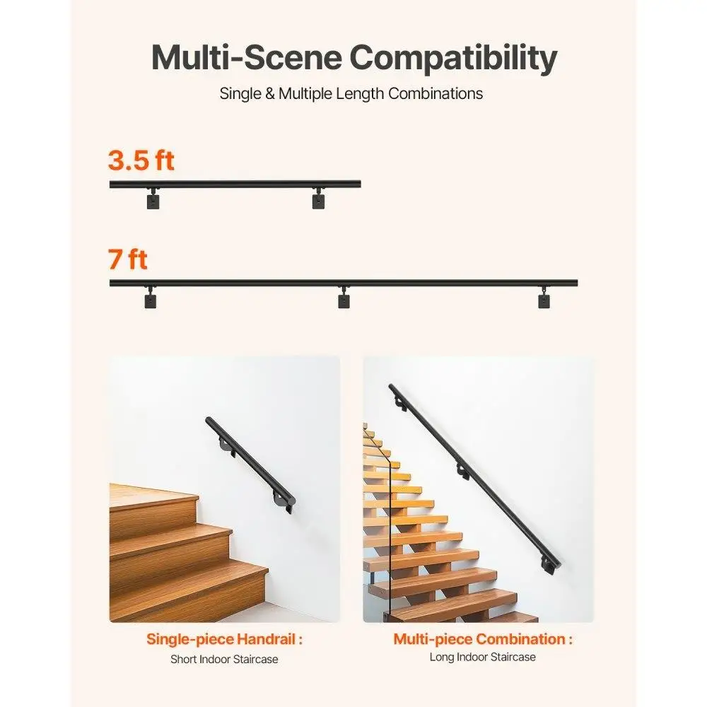 7ft Black Aluminum Stair Handrail Wall Mounted Railing for Indoor Outdoor Use Safe and Stylish Support