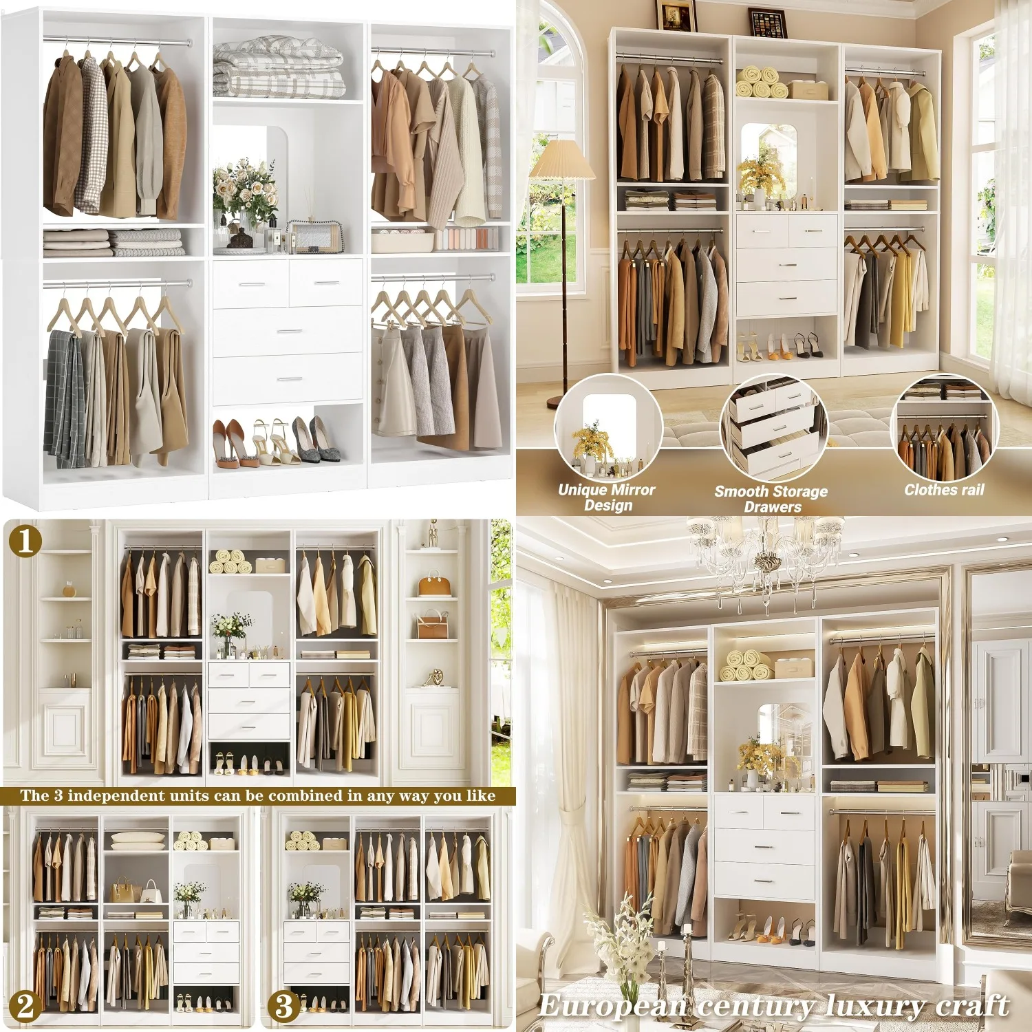 

75in Adjustable Closet System with Drawers Rods Mirror Shelves Walk in Wardrobe Storage White, Customized