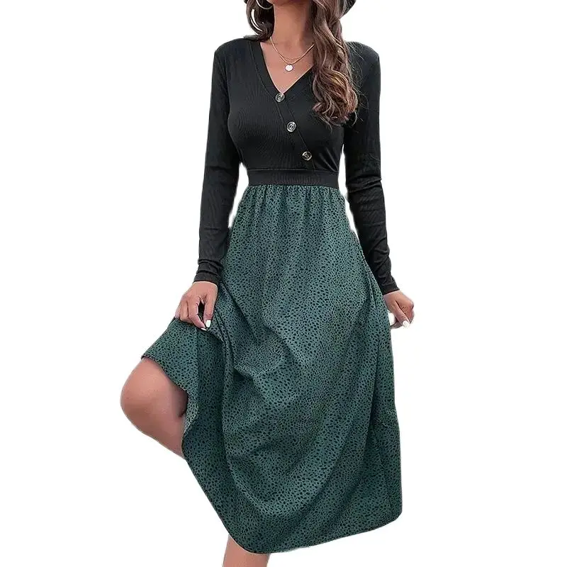 

Elegant Leopard Print Mid-Calf Dresses Women Casual V Neck Button Basic Autumn Dress Fashion Green A-Line New In Dresses