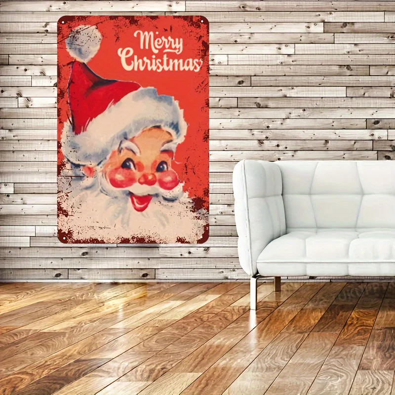 Señal Decorativa Metálica 2D Flat Papá Noel, Cartel Feliz Navidad Inglés, Arte de Pared Navideño Estilo Moderno para Hogar