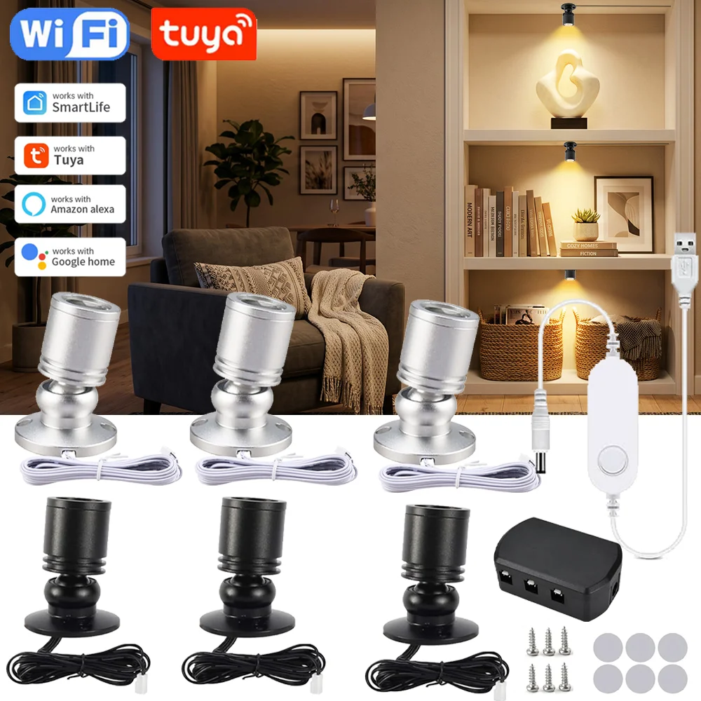 Tuya WiFi USB 5V Led Spot Light Surface Mounted Cabinet Showcase Counter Jewelry Lamp Rotatable Angle Mini Spotlight  for Alexa