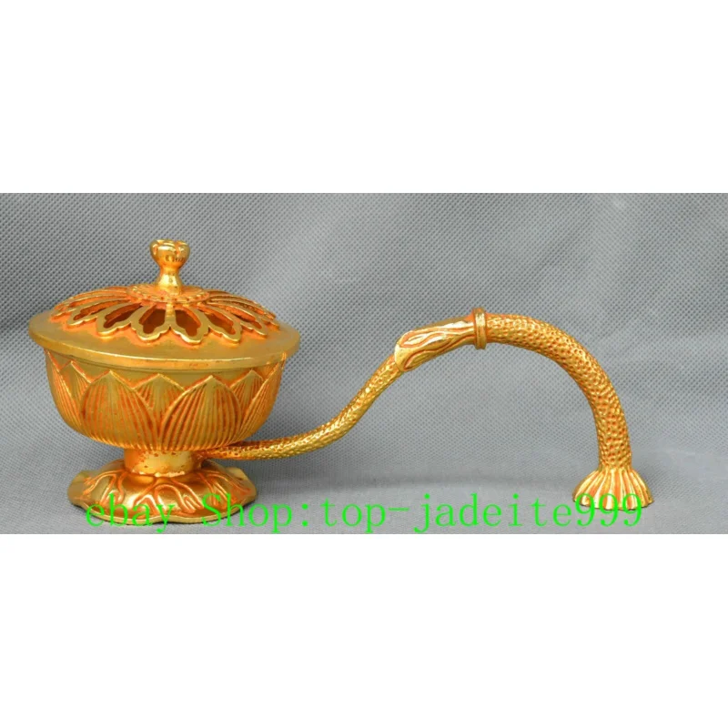 

20CM Old Chinese Dynasty Copper Gilt Lotus Flower Flowers Incense Burner Censer