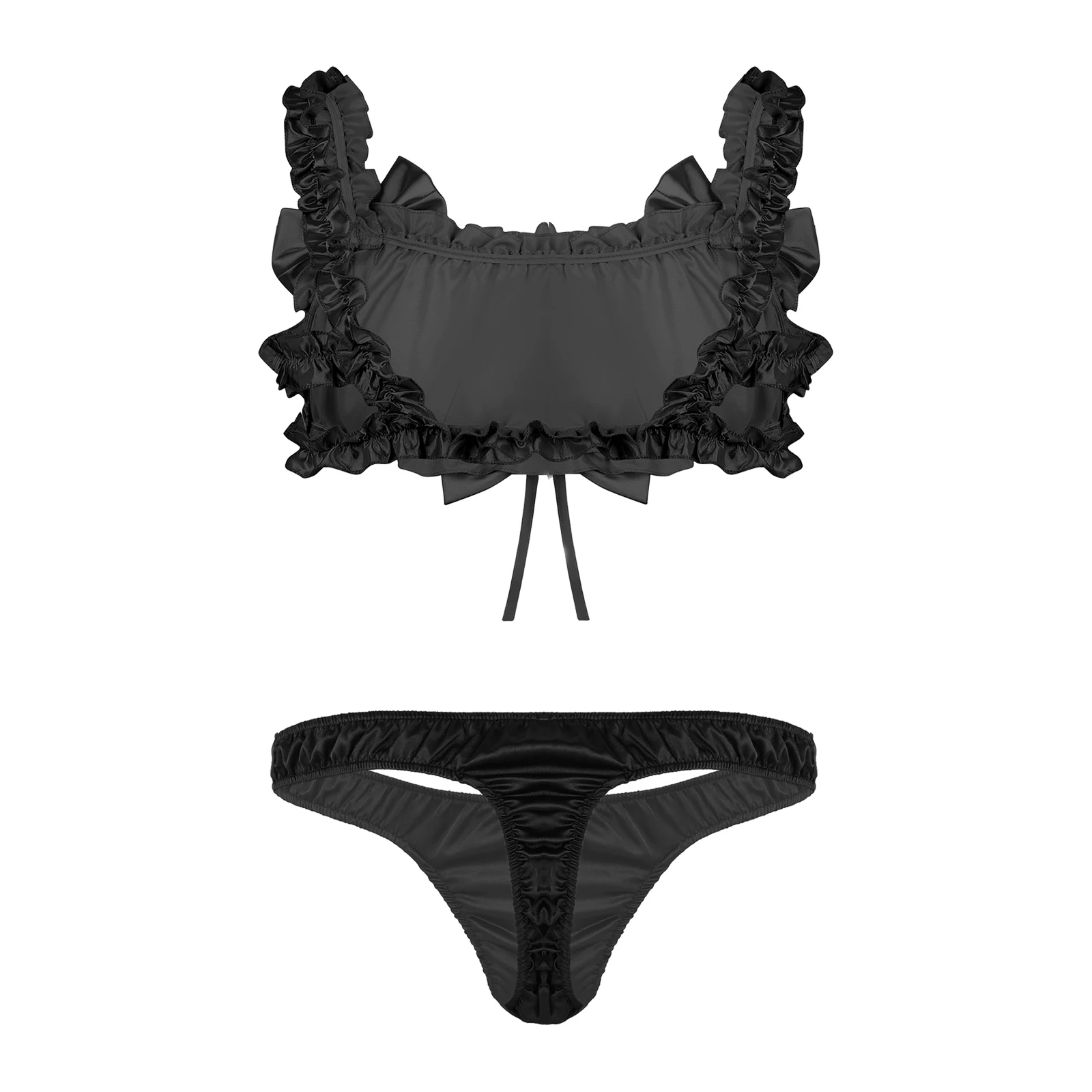 Roupa interior dos homens sissy crossdress lingerie ternos conjuntos exóticos nightwear cetim babados babados babados sutiã com baixo aumento tanga conjunto de cuecas