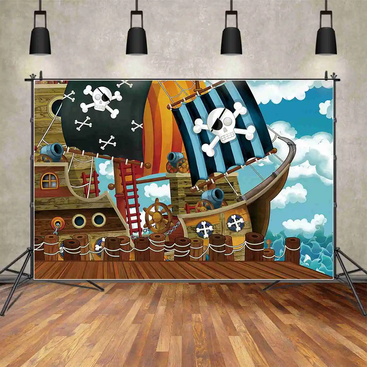 MOON.QG Pirate Ship Boy Birthday Photozone Backdrop Wood Boat Deck Wheel Background Personalized Party Photography Shooting Prop