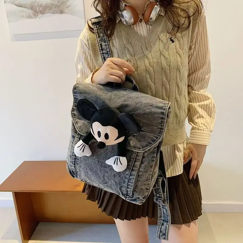 かわいい漫画ディズニーシリーズミッキー女の子新しいアウトドアファッションポータブル大容量収納洗浄デニム人形バックパックギフト