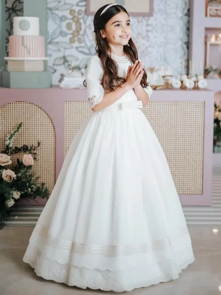 白人女の子の誕生日パーティードレスカスタマイズされた弓 O ネックフラワーガールドレスフロアレングスベビー結婚式初聖体ドレス