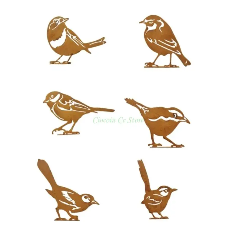 X90F Entry Soil Bird Stakes 6 Piece Iron Garden Set with Ground Inserts, Outdoor Metal Figures for Lawn Lines and Walkways