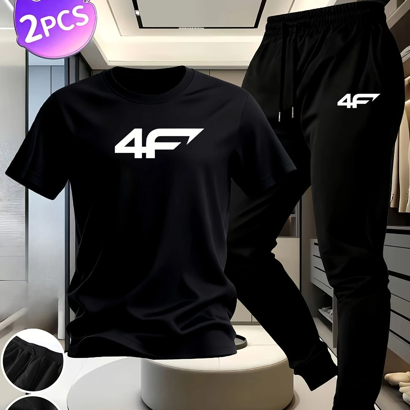 

Premium Comfort Mens Printed Short Sleeve Set Multi Color Cotton Tshirt with Thin Drawstring Cuffed Long Pant for Light Exercise