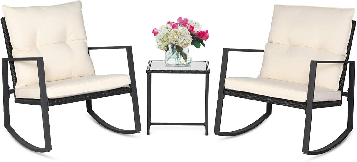 Outdoor Rocking Bistro Set, móveis de vime, cadeiras varanda, cadeiras pretas, mesa de café de vidro, 3 pcs