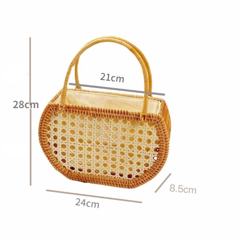 Handmade Vietnamese Bamboo Woven Bags Hand-held Rattan Storage Basket for Picnic OutingsTravel Weaving Handbag with White Lining