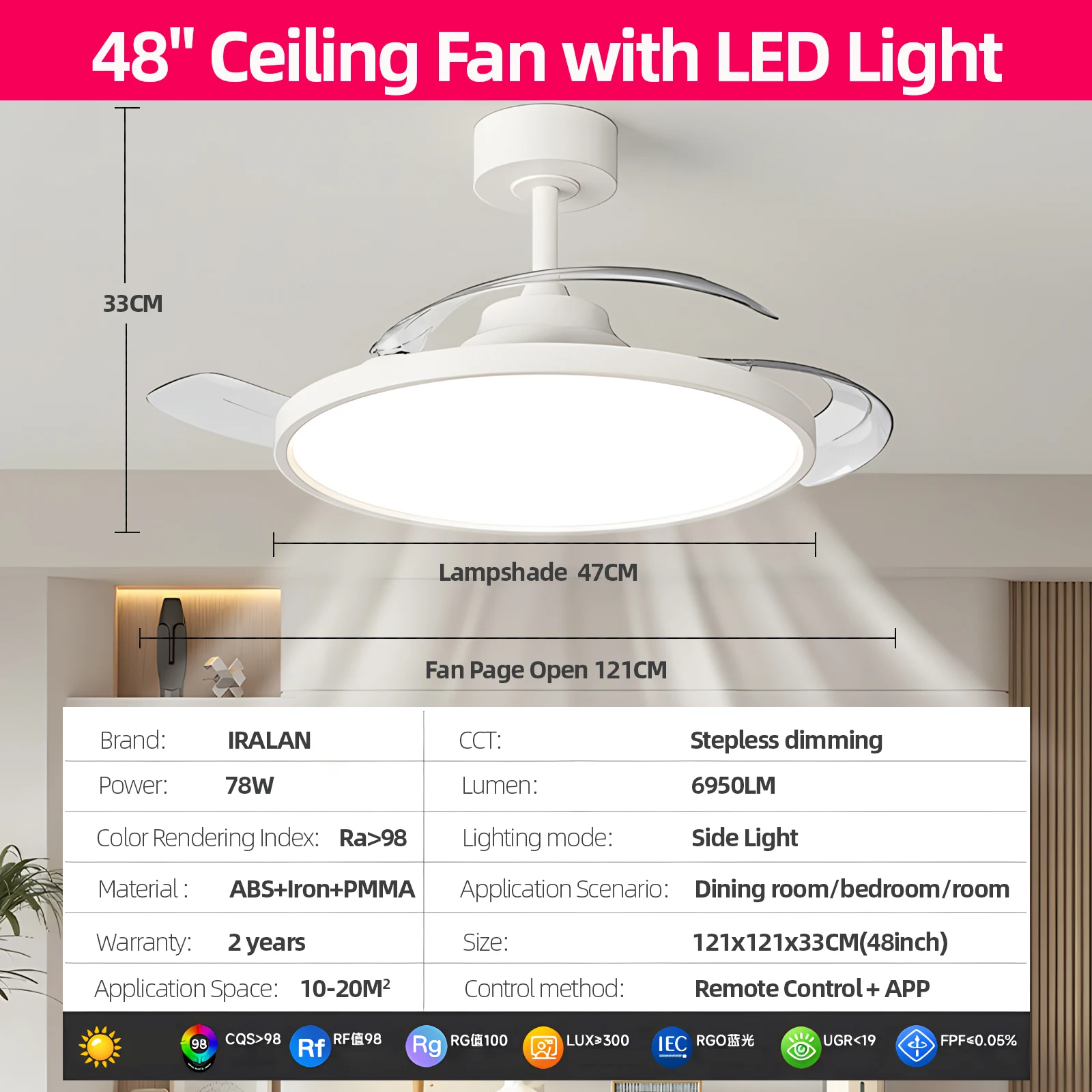 IRALAN Moderner unsichtbarer Deckenventilator mit LED-Licht, Gleichstrommotor, großes Luftvolumen, Fernbedienung für Schlafzimmer, Esszimmer