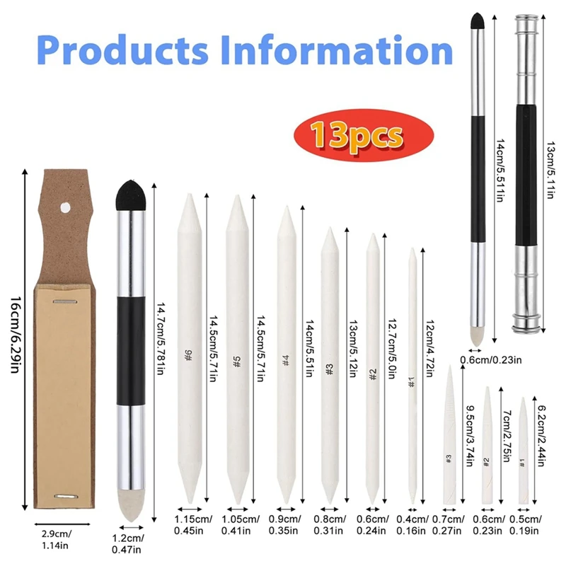 13PCS Blending Stump, Art Blenders with Blending Sponge Pens and Sandpaper Pencil Sharpener Blending Sticks for Drawing-ABHG - view 2