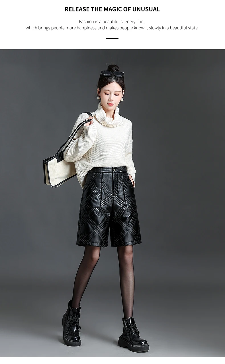 ZUZK Black PU Leather Thick Bermuda Shorts For Women Winter Warm Long Shorts Motorcycle Punk High Waist Bermuda Femme