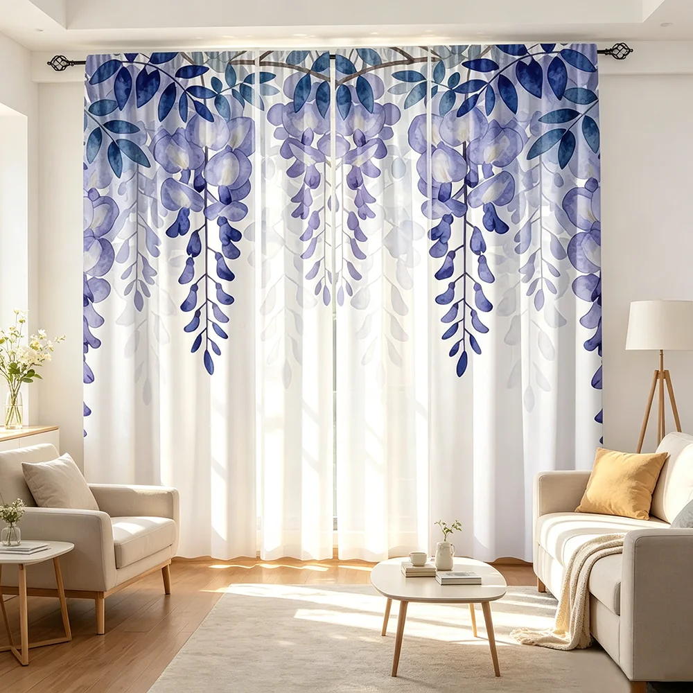 2PCS Digital Printed Curtains, Light Shadow Wisteria Pattern, Beautiful Window Drapes for Living Room Bedroom Home Decor