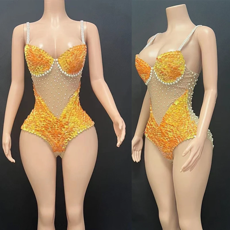 

Orange Sequins Pearls Bodysuit Sexy Pole Dance Outfit Women Party Gogo Costume Nightclub Dj Ds Stage Festival Clothes XS6847