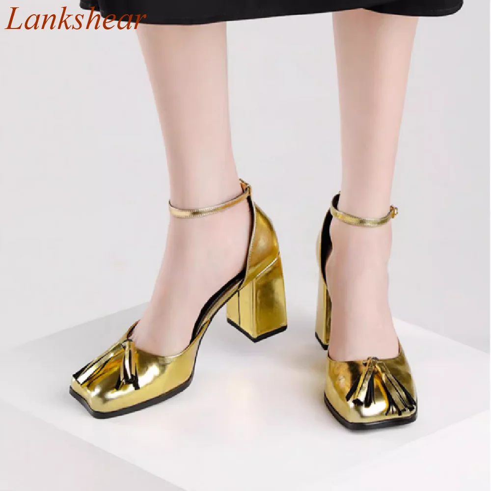 

Square Toe Fringe Women Pumps Square Heel Golden Fashion Shallow Spring Buckle Strap Niche Design Cover Heel Sexy Women Shoes