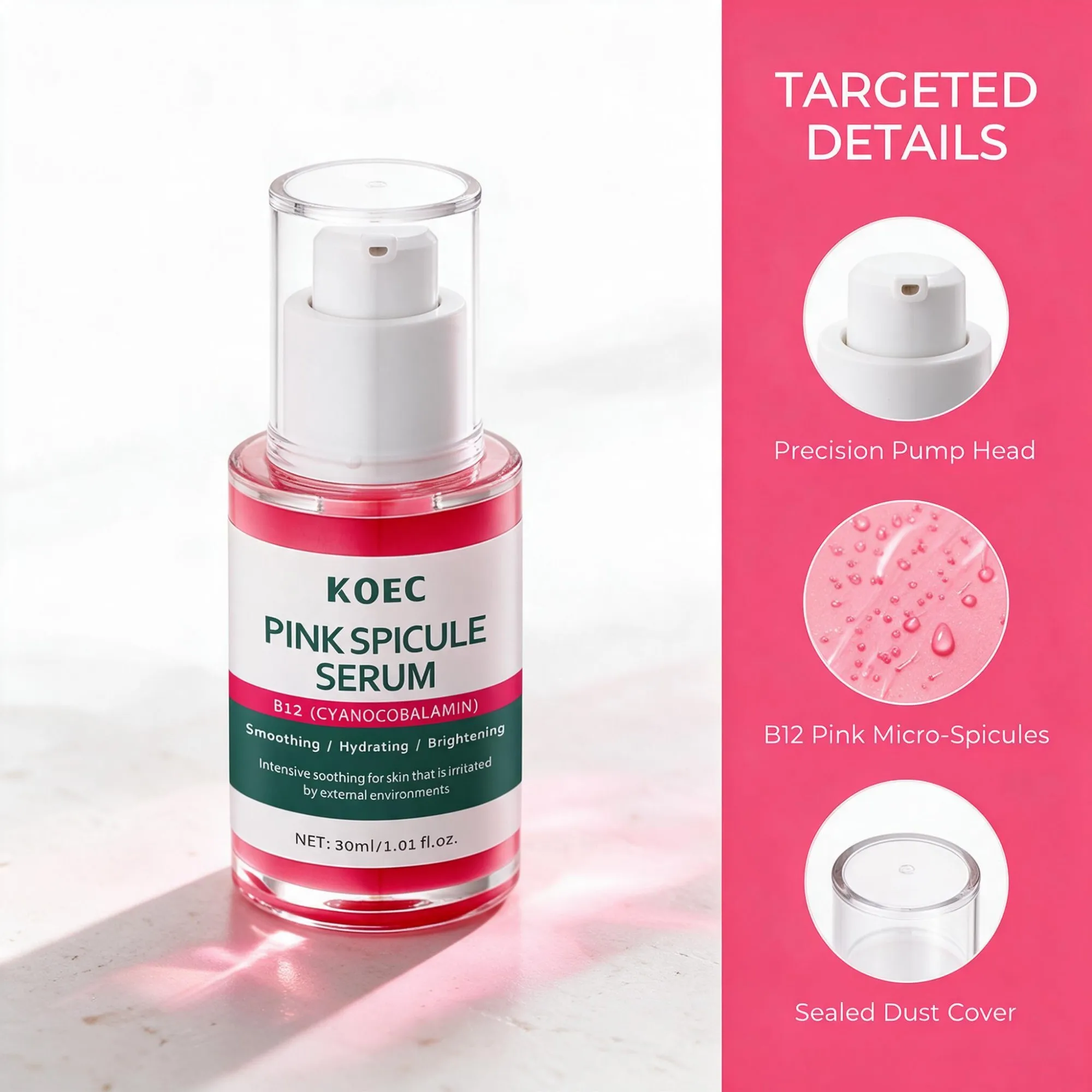 2026 New KOEC Pink Micro Spicule Serum 30ml, Infused with B12 Cyanocobalamin, Daily Facial Care Essence for Refreshed‑Looking Complexion, Perfect Holiday Gift for Halloween Thanksgiving Christmas