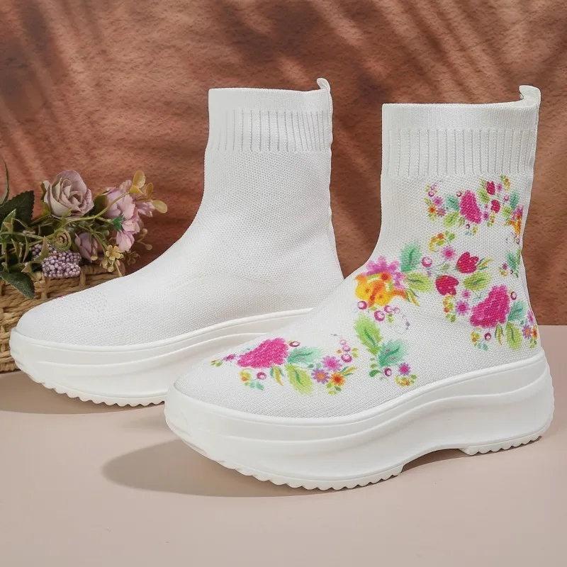 Ladies Shoes 2023 Fashion Sleeve Women's Boots Autumn Round Toe Mixed Colors Shoes Ladies Short Barrel Platform Elastic Boots