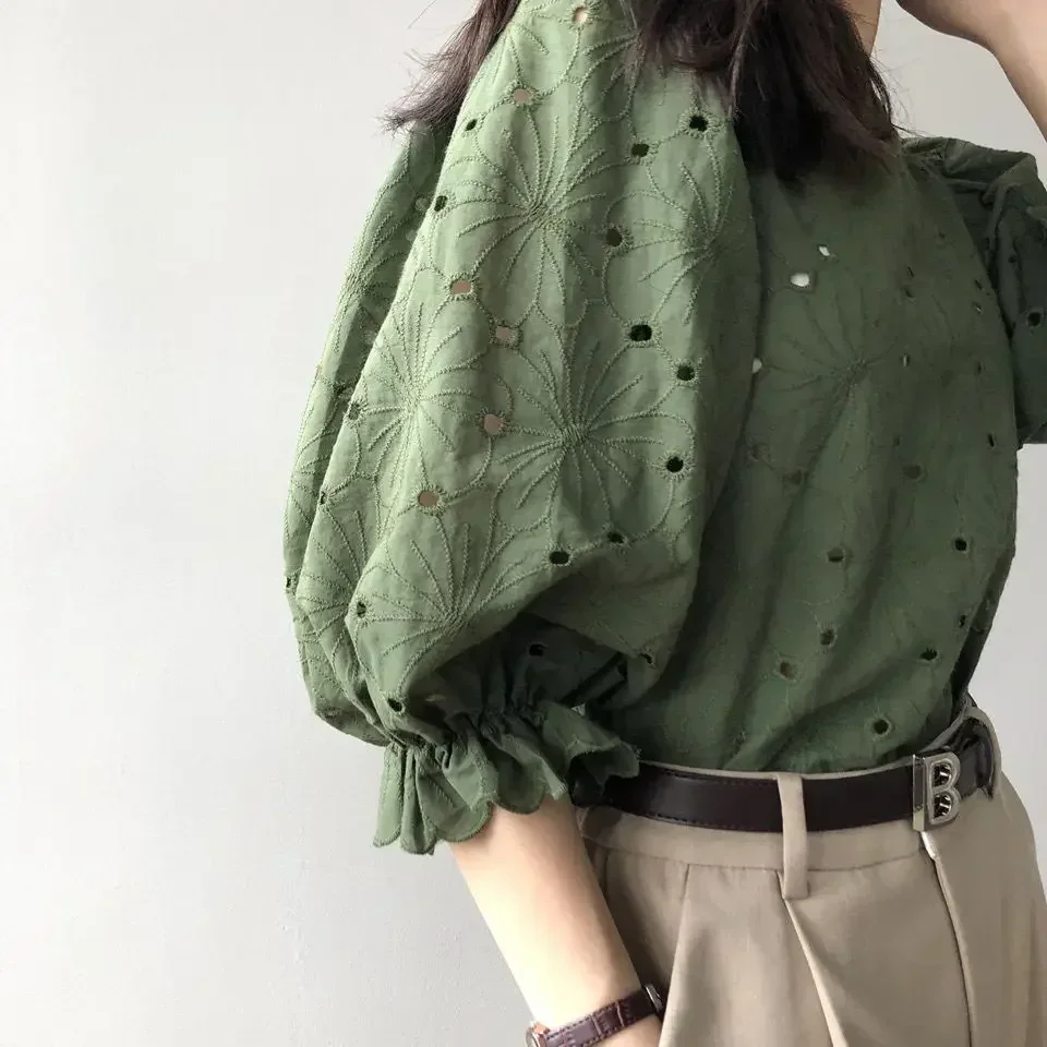 

Spring Summer Elegant Ruffles Blouse Hollow Out Shirt 3/4 Sleeve O-Neck Embroidery Floral Tops Female Fashion Casual Shirt