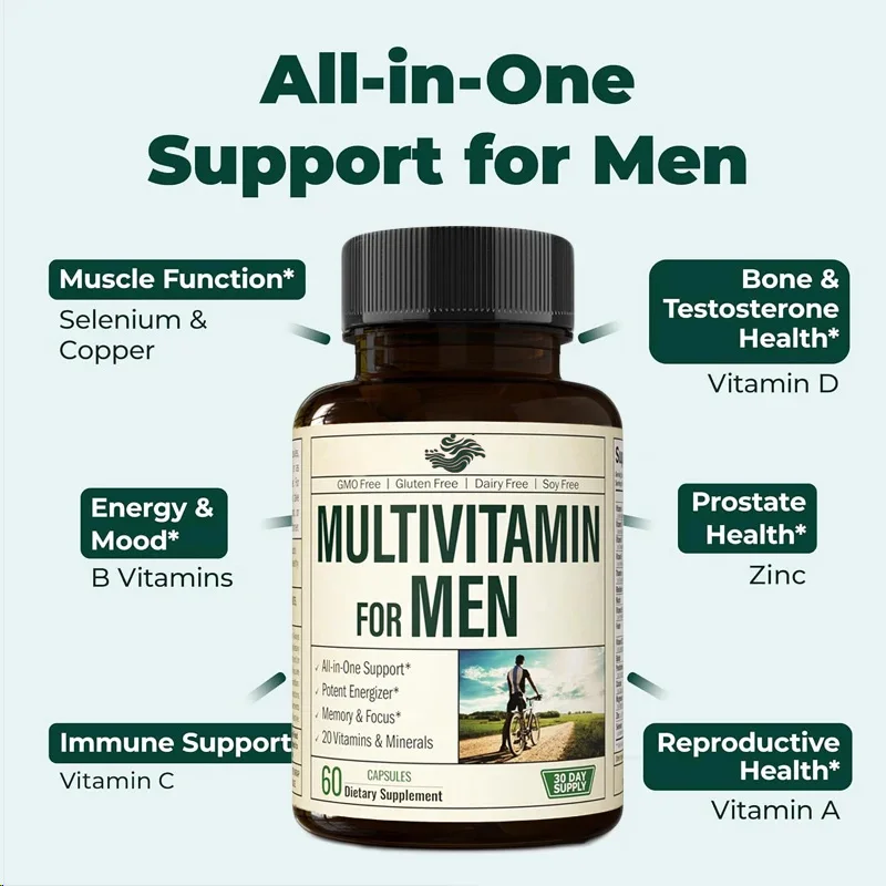 Minerais/vitamines compostos diários masculinos - vitamina A, C, E, D, B1, B2, B3, B5, etc., biotina, espirulina, zinco, antioxidante