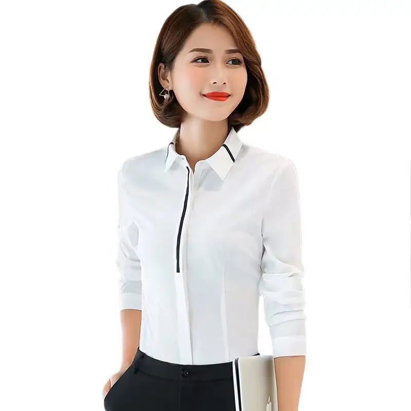 Spring Summer New White Office Slim Blouse Polo Neck Long Sleeve Bow Patchwork Solid Shirt Tops Elegant Fashion Women Clothing