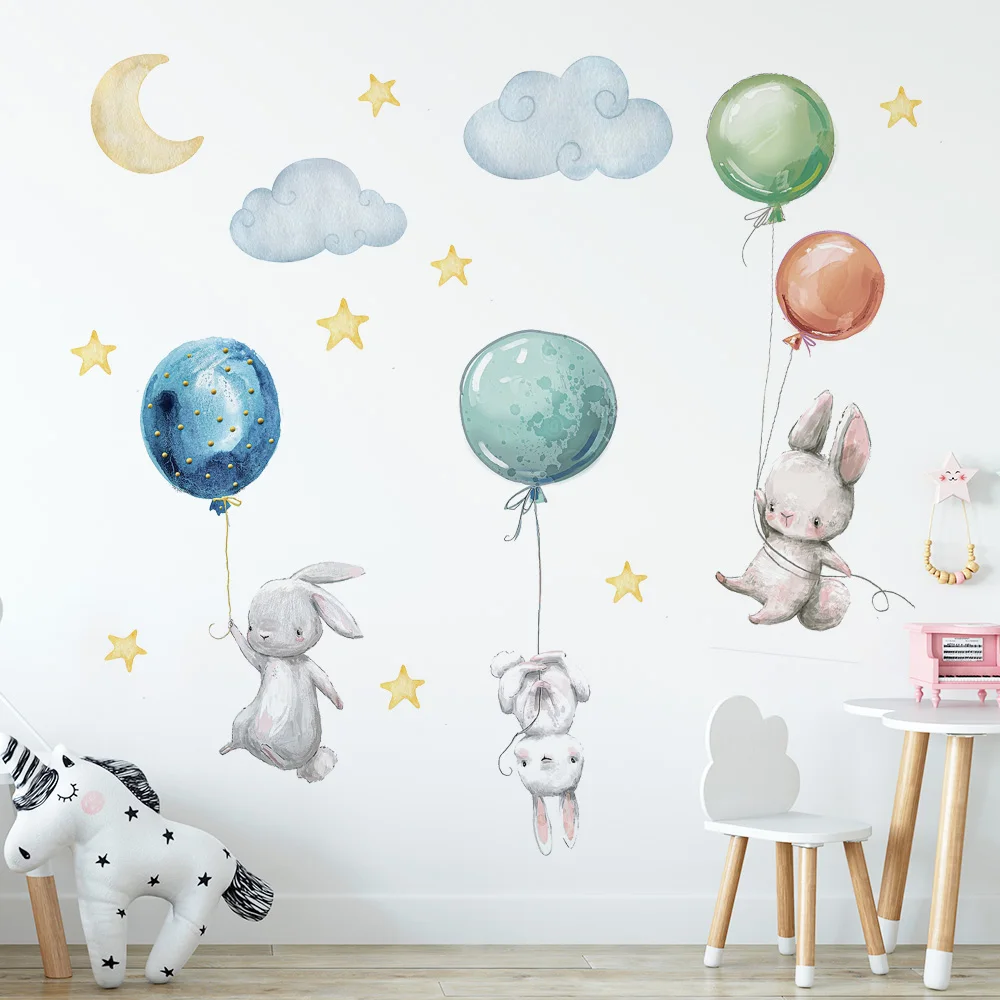 Simpatici adorabili conigli volanti adesivi murali palloncini Moon Star Cloud decalcomania rimovibile per bambini Nursery Baby Room Decor Poster