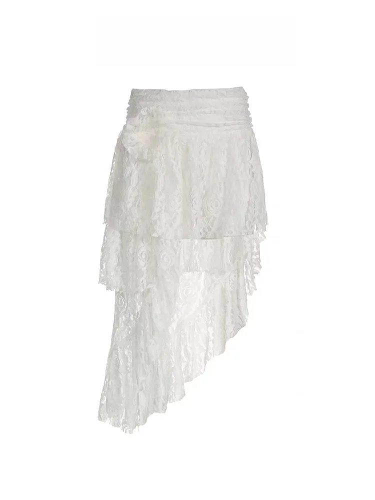 

White Lace Asymmetrical f Skirt Women's Summer Design Sense Oblique Cake Skirt High Waist Midi A-Line Skirt