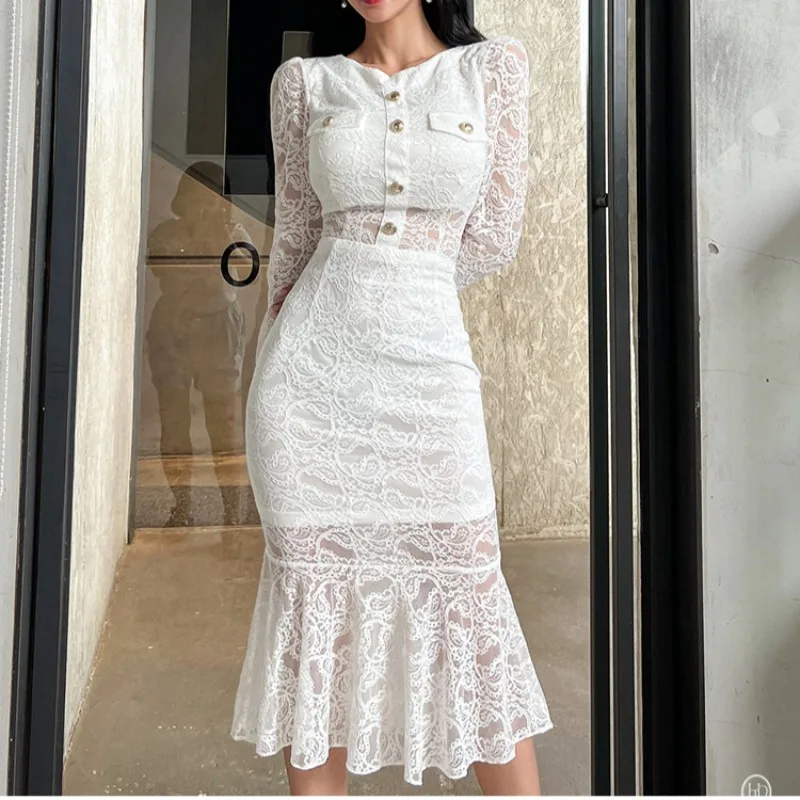 White Lace Two Piece Sets Women Korean Fashion Streetwear Business Long Sleeve Tops and Trumpet Skirts Lady Elegant Skirt Set