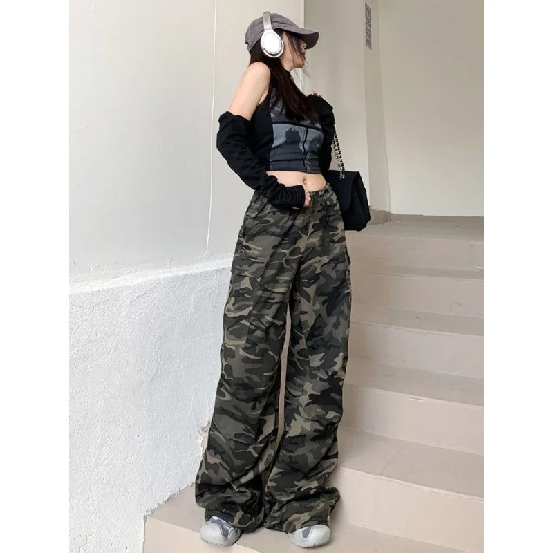 Joker American Camouflage Overalls Women's Autumn Thin High Waist and Slim Loose Wide-leg Pants with Drawstring and Legs