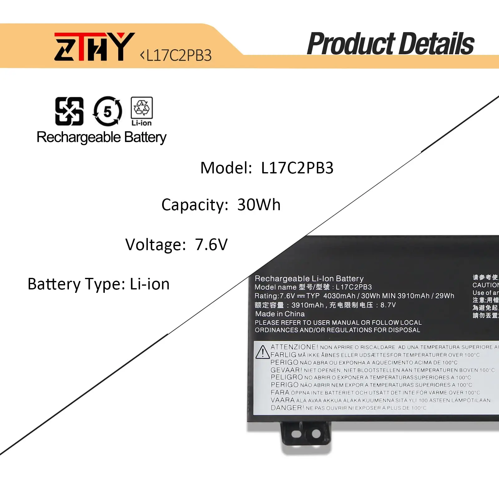 Damaite L17C2PB3 L17C2PB4 30Wh 7.6V Laptop Battery Replacement for Lenovo V330-15ISK-81AW V530-14IKB V530-15IKB 81HL001EGE