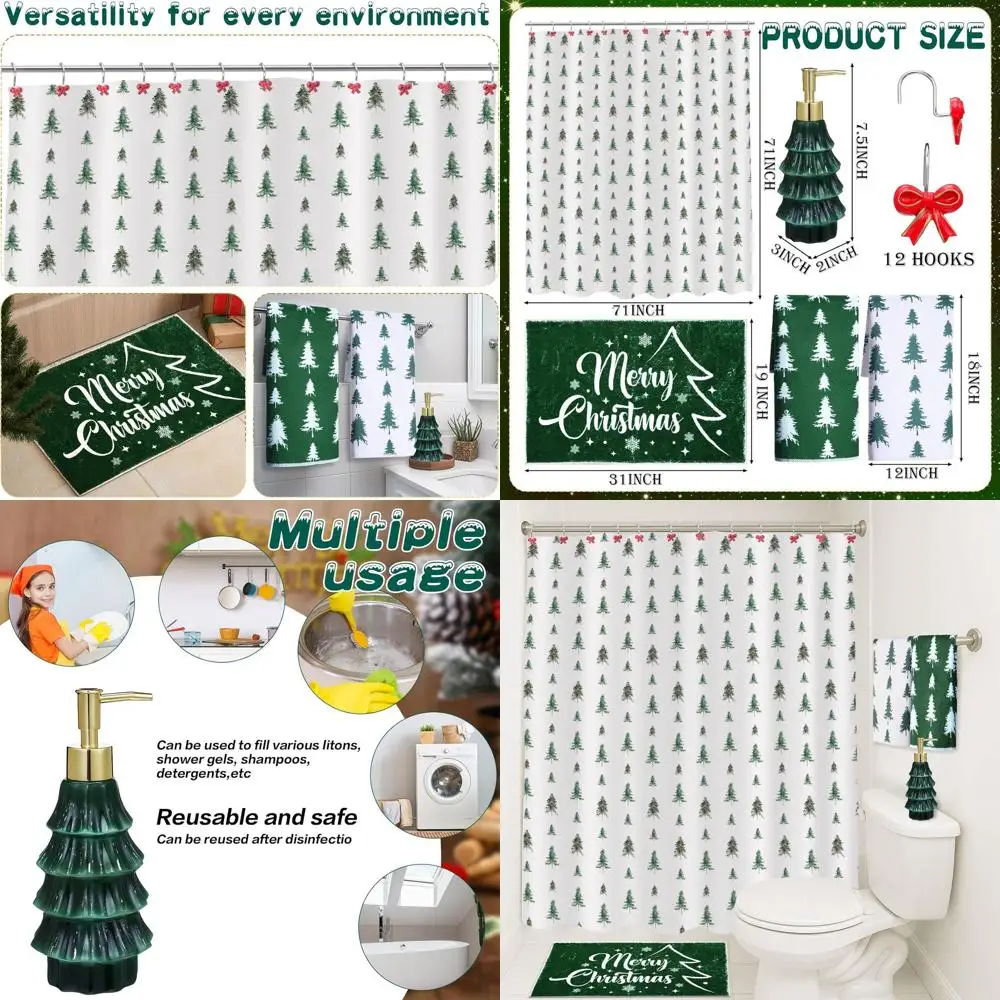 

Holiday Bathroom Set: 17-Piece Christmas Tree Shower Curtain with Hooks, Bath Mat, Rug, Dispenser, and Towels