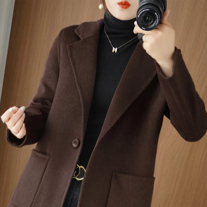 2024 Autumn/Winter New High-end Double sided Cashmere Coat Women\'s Fashion Slim Temperament Mid length 100% Wool Coats Female