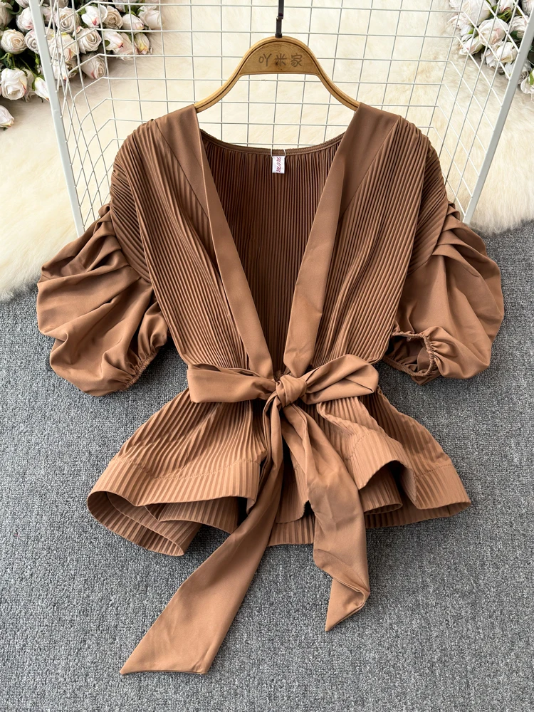 

Летняя французская блузка с объемными рукавами, женская новая модная сексуальная коллекция, поясной ремень, сложенный топ для дня рождения, женский C169