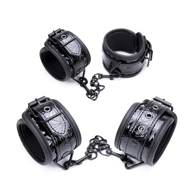 PU Leather Bondage Set Open Leg Bar Handcuffs Ankle Cuff Black Printing Adult Game BDSM Ball Gag Erotic Set Toys for Couple