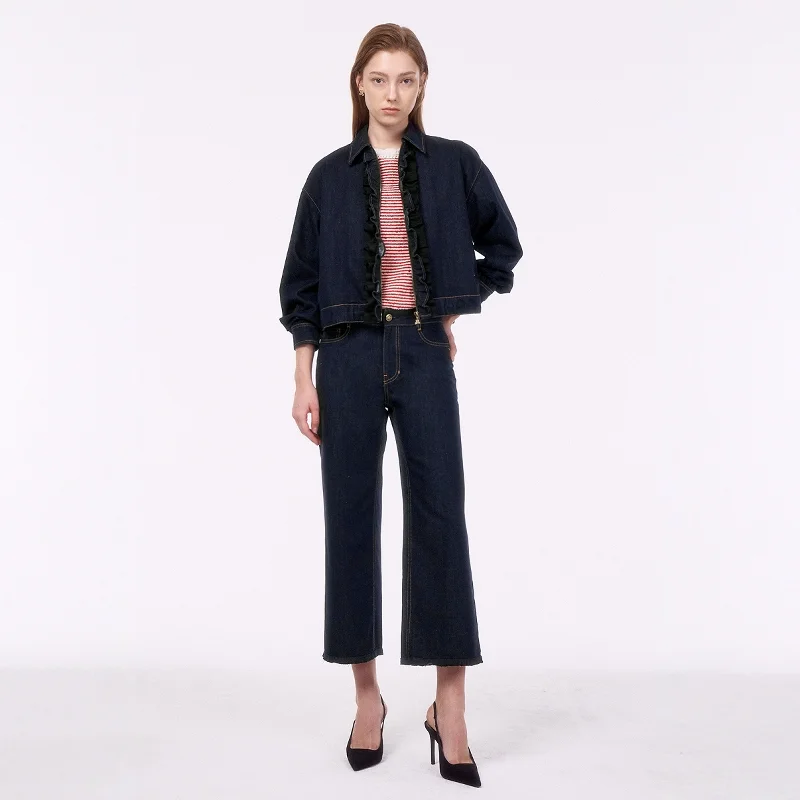 Jaet in denim coreano Sle ort con colletto con volant e jeans larghi a gamba larga Ele Spring Commute Faion pezzo unico