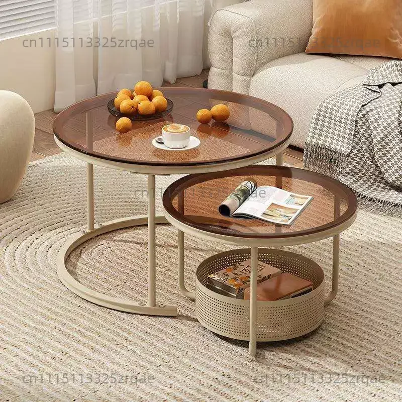 Small Apartment Glass Round Coffee Table, Minimalist Cream Wind Design, Combination Size, 2024 New Modern Side Table