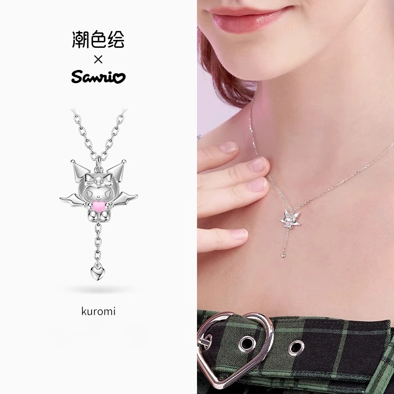 

Оригинальная модная окрашенная цепочка KT Kuromi из стерлингового серебра, кулон с крыльями, подвижные аксессуары в стиле аниме