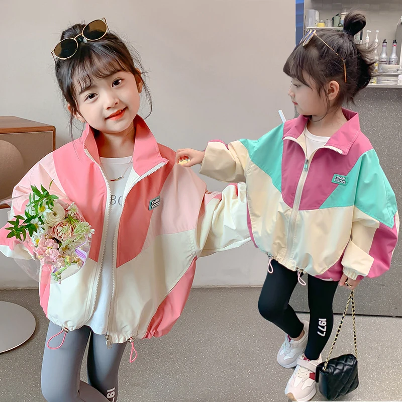 2-10 Years old Spring Autumn Girls Coat Fashion Splicing Style Flip Collar Zipper Sweatshirt For Kids Children Sport Outerwear