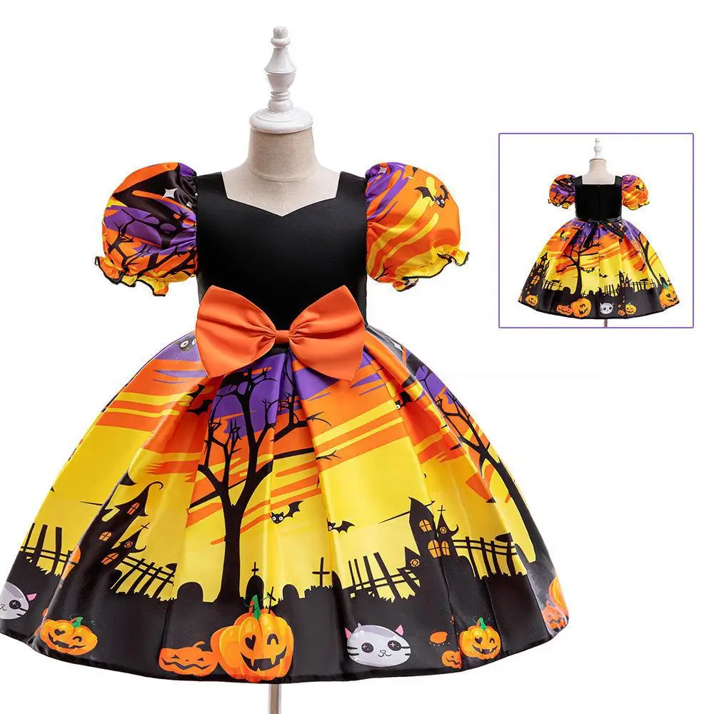 Bat Pumpkin Cat Print Halloween Costumes Kids Girl Princess Dress Bowknot Girls Party Dresses Witch Cosplay Costume Carnival